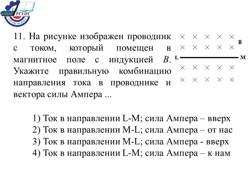 11. На рисунке изображен проводник с током, который помещен в магнитное поле с индукцией